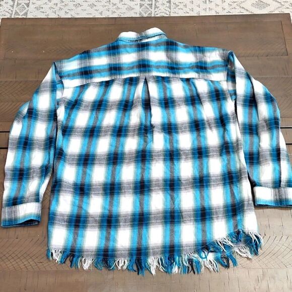 Moussy Plaid Raw Hem Distressed Cotton Button-up Shirt - Picture 2 of 8